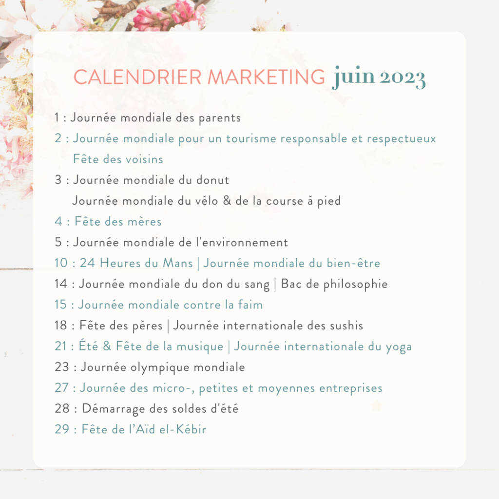 Calendrier marketing juin 2023 - Chargée de communication freelance à Béziers