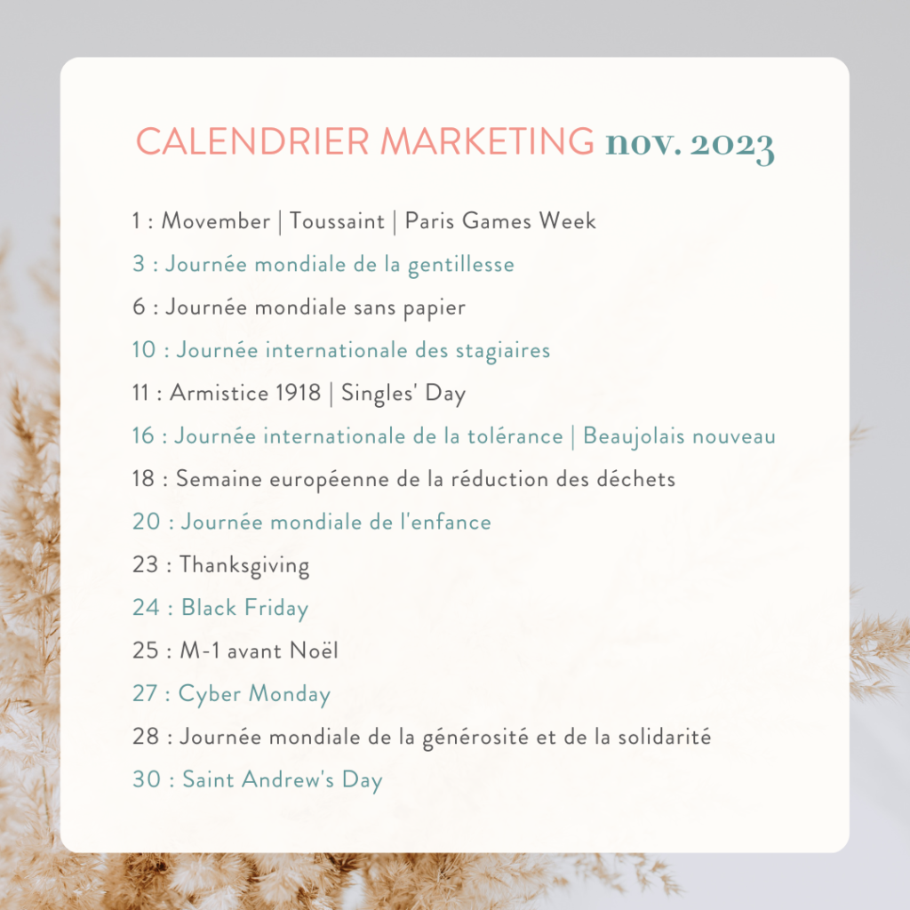 Calendrier marketing novembre 2023 - Rédactrice web freelance