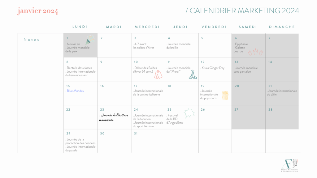 Calendrier marketing janvier 2024 - Anaëlle Faure, content manager