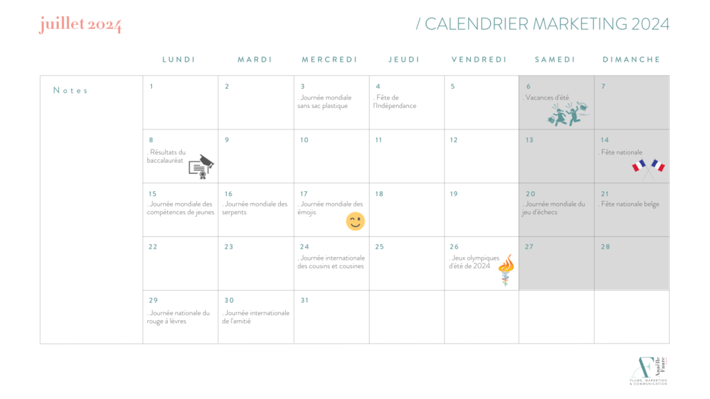 Calendrier marketing juillet 2024 - Anaëlle Faure, content manager