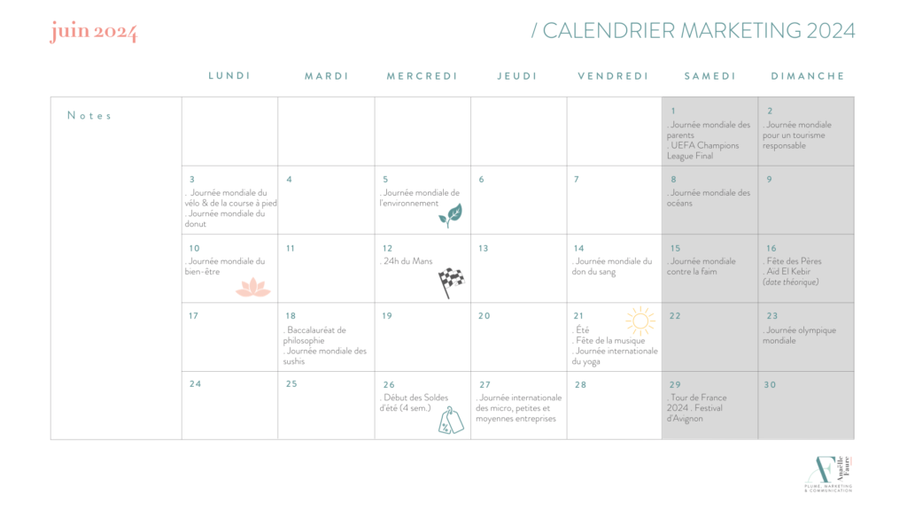 Calendrier marketing juin 2024 - Anaëlle Faure, content manager