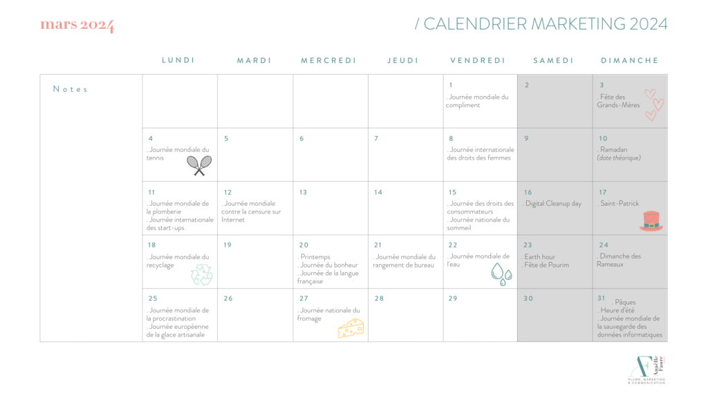 Calendrier marketing mars 2024 - Anaëlle Faure, content manager
